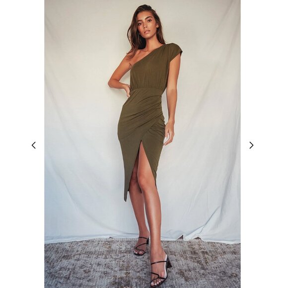 Lulus Dresses & Skirts - Lulus Raise a Glass Olive Green One-Shoulder Midi Dress